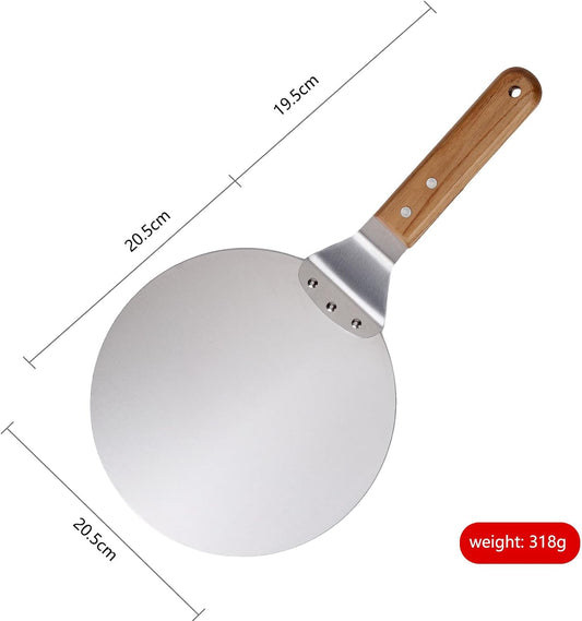 8-Inch Professional Pizza Peel - 430 Stainless Steel Round Blade with Solid Wood Handle, Secure Connection for Pizza/Cake/Pastry Transfer, Essential Baking Tool