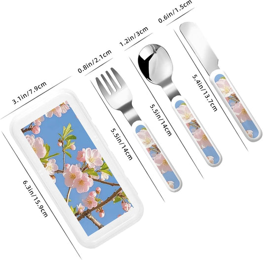 Stainless Steel Kids Silverware Set, Japanese Floral Cherry Blossom Utensil Set Reusable Children Safe Knife Spoon Fork Set With Storage Case Dishwasher Safe For Lunch, Travel Outdoors