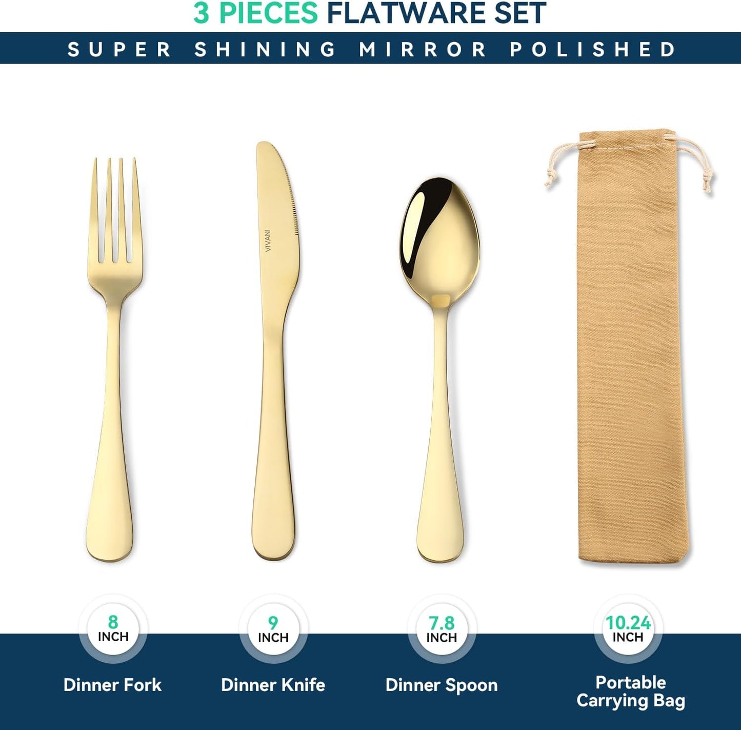VIVANI Portable Utensils Set with Case, 3-Piece Reusable Stainless Steel Flatware Set for Travel, Camping, Lunch Box & Office, Champagne Gold Fork, Knife, Spoon with Carry Bag