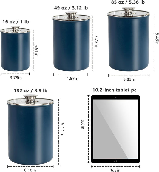 malmo Stainless Steel Food Canister Set of 4-Piece, 16/49/85/132 Ounces,Airtight Containers with Glass Lid for Tea,Coffee,Sugar,Flour,Pantry Kitchen Storage Storeroom Counter (Blue)