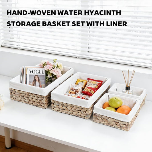 Water Hyacinth Shelf Baskets 4-Pack, Handwoven Wicker Bins with Removable Linen Liners – Divided Upper Compartment & Open Handles, Stackable for Pantry Bathroom Closet