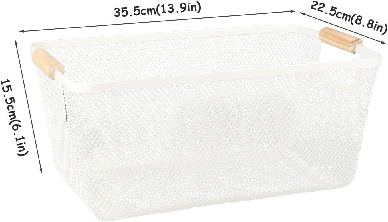 Potato and Onion Storage Bin, 2 Set Potato Bin Storage and Onion Container with Wooden Handle, Pantry Kitchen Organization and Storage, Metal Mesh Baskets for Fruit, Vegetable, Produce-White
