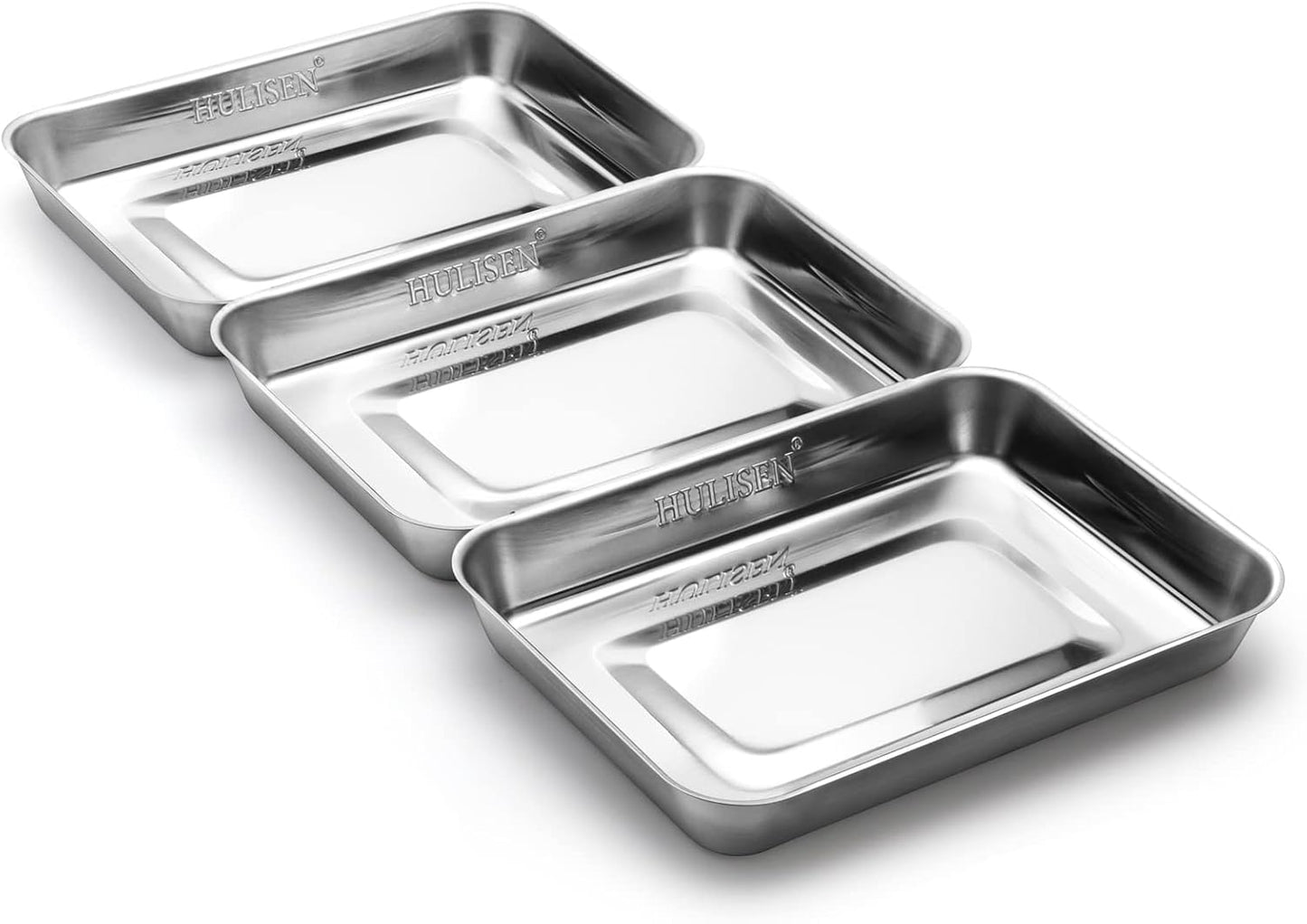HULISEN Set of 3 Breading Pans, Stainless Steel Breading Set for Marinating Meat, Chicken, Fish, Food Prep Trays, Coating Trays Can Be Used to Baking Cake, Oven Safe
