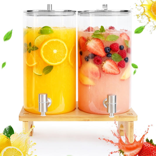 2 Pack 1.5 Gallon Drink dispenser with Stand,Glass Beverage Dispenser With Wood Stand, 18/8 Stainless Steel Spigot and Labels Large Water Drink Dispensers for Parties, Lemonade,Juice, Tea