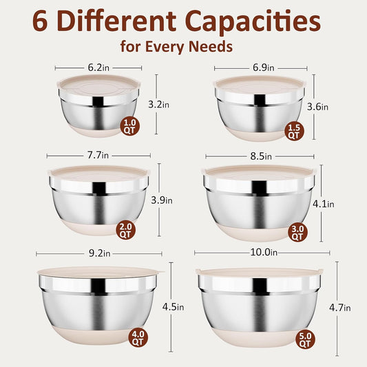 9 Pack Mixing Bowls with Airtight Lids & Grater Attachments, Khaki