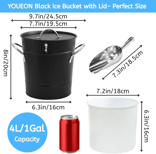 YOUEON 4L Ice Bucket with Scoop and Lid, Double Walled Insulated Wine Bucket Chiller with Carry Handles, Beverage Tub for Cocktail Party, Camping, BBQ, Indoor & Outdoor Use, Black