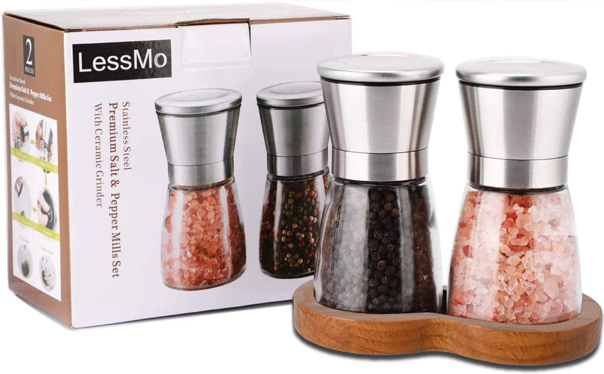 LessMo Salt and Pepper Grinder Set with Wooden Standing Tray, Refillable Pepper Mill Set - Brushed Stainless Steel - Short Glass Shakers with Adjustable Coarseness for Peppercorn, Salt or Spice Mills