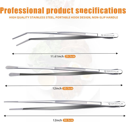 GBZCMJK 3 Pcs Kitchen Tweezers, 12-Inch Stainless Steel Cooking Tweezers, Professional Cooking Tongs, Long Food Tongs for Serving, Sea food, BBQ and Salads