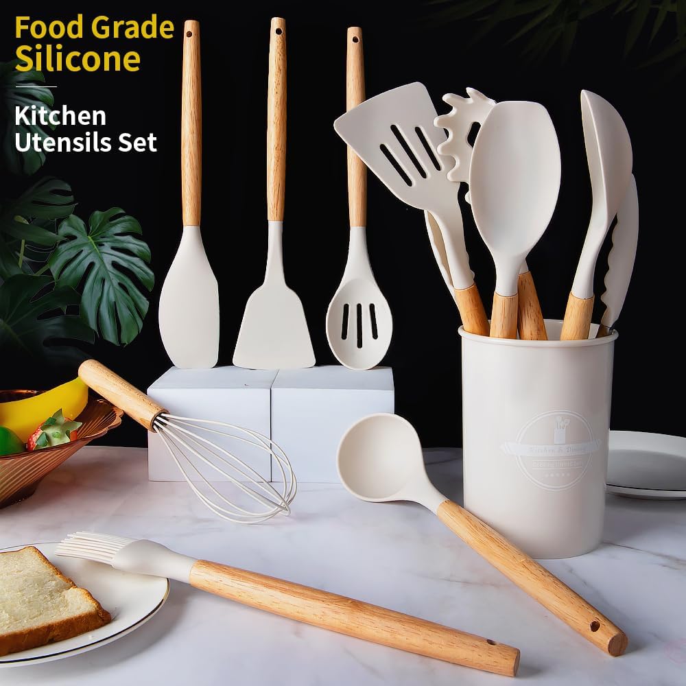 Silicone Cooking Utensils Set, 12Pcs Large Heat Resistant Kitchen Utensils, Turner Tongs, Spatula, Spoon, Wooden Handle Kitchen Gadgets with Holder for Nonstick Cookware, Dishwasher Safe (Grey)