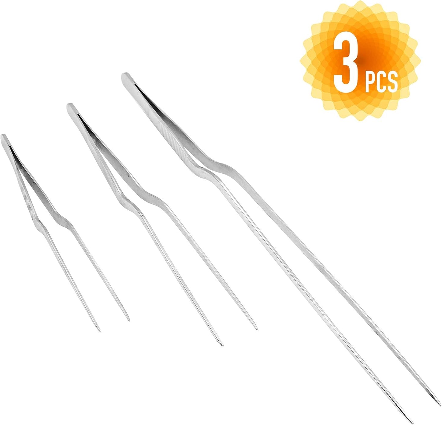 3 Pack Stainless Steel Offset Tweezer Culinary, 12" 8" 6" Kitchen Tweezers for Cooking, Chefs Precision Tweezers for Cooking