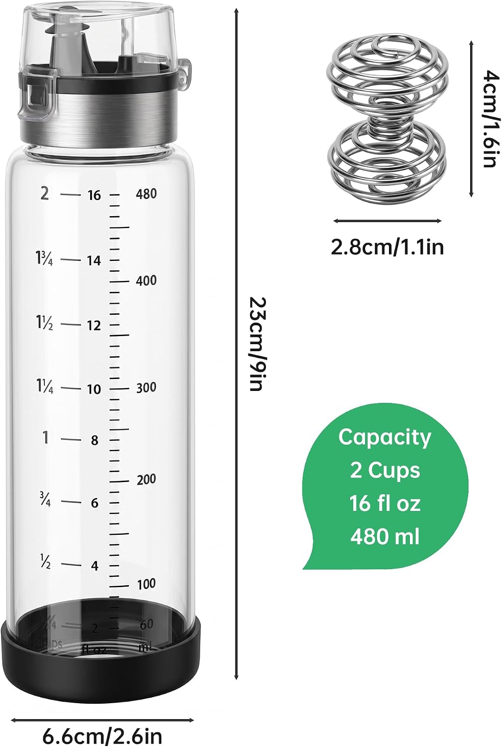 NiHome Glass Salad Dressing Shaker Bottle 16oz with Mixing Ball, Black
