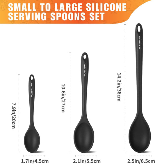 3 Pcs Silicone Spoons Set of 7.9 10.6 14.2 inch for Cooking, Heat Resistant Kitchen Spoons for Mixing, Stirring, and Serving, Small to Large Non Stick (Green)