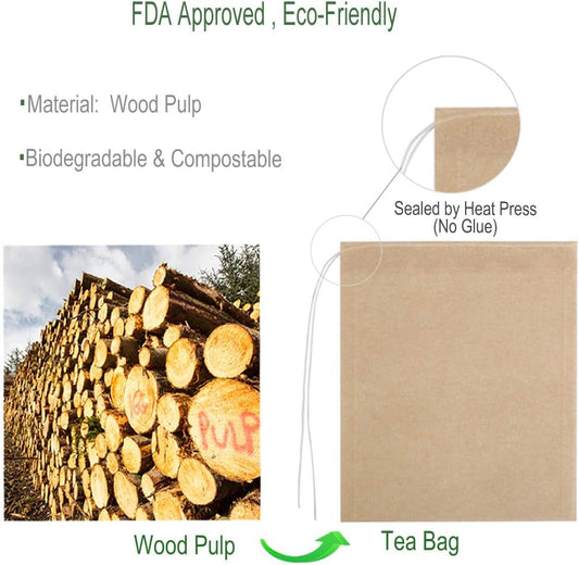 Aksuaple Eco-Fil Disposable Tea Filter Bags for Loose Tea, Wood Pulp Material, Biodegradable and Compostable, Unbleached Empty Tea Infuser Sachets with Drawstring, 100 Pack (3.2inch x 4.0inch)
