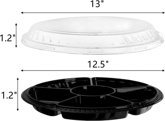 Lawei 30 Pack Plastic Appetizer Trays with Clear Lid, Round Stackable Serving Party Trays, 12 in Banquet Catering Fruit Vegetable Tray, Reusable 6 Divided Food Snack Dip Platter for Outdoor Buffet