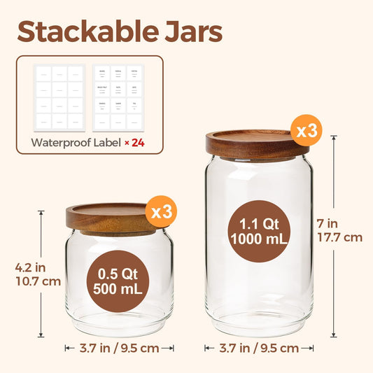 ComSaf 6PCS (1.1Qt/0.5Qt) Glass Pantry Storage Container with Acacia Wood Lid, Airtight Glass Canister with Stacked Design for Orderly Organizing, Glass Jar Organizing Dry Goods in Pantry & Cabinet