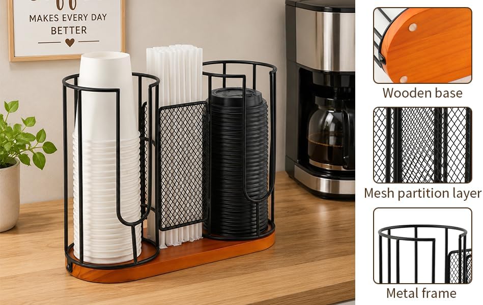 2-Compartment Coffee Cup Dispenser Rack, Disposable Cups Straws Organizer with Wooden Base, Paper Plastic Cup and Lids Holder for Coffee Station Bar Restaurant Office Breakroom Shop Kitchen