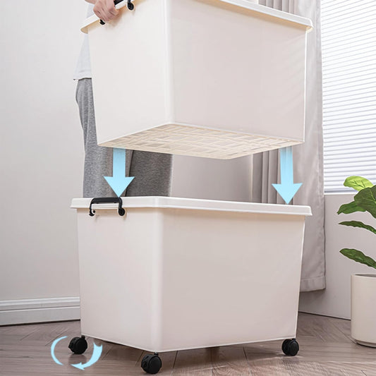 Large Stackable Plastic Storage Bins with Wheels, 3-Pack 60 Quart White Thickened Latching Lid Containers with Lockable 360° Casters for Home, Office, Bathroom, and Dorm Organization