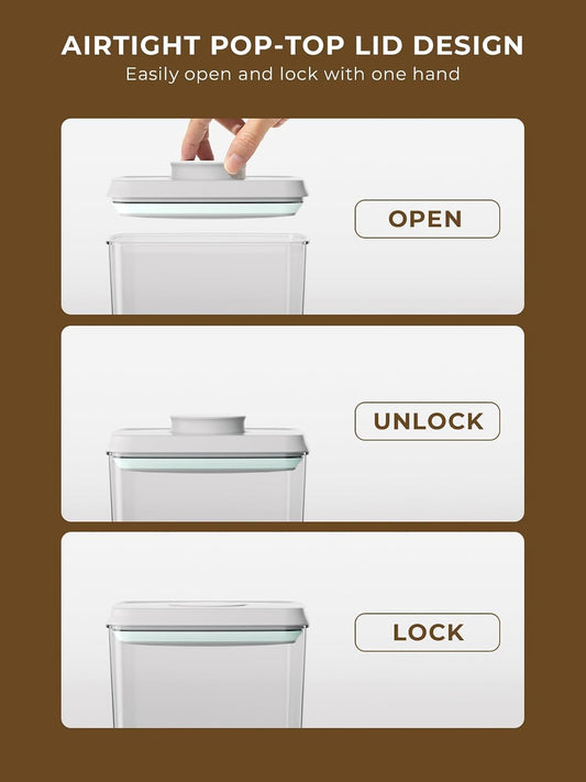 Airtight Food Storage Containers, 4-Piece Set, 1.3-3.5 Qt, Pop-Top Lids | Clear Stackable Pantry Jars for Flour, Sugar, Cereal, Oats, Pasta, Snacks, Baking Ingredients and Small Kitchen Organization
