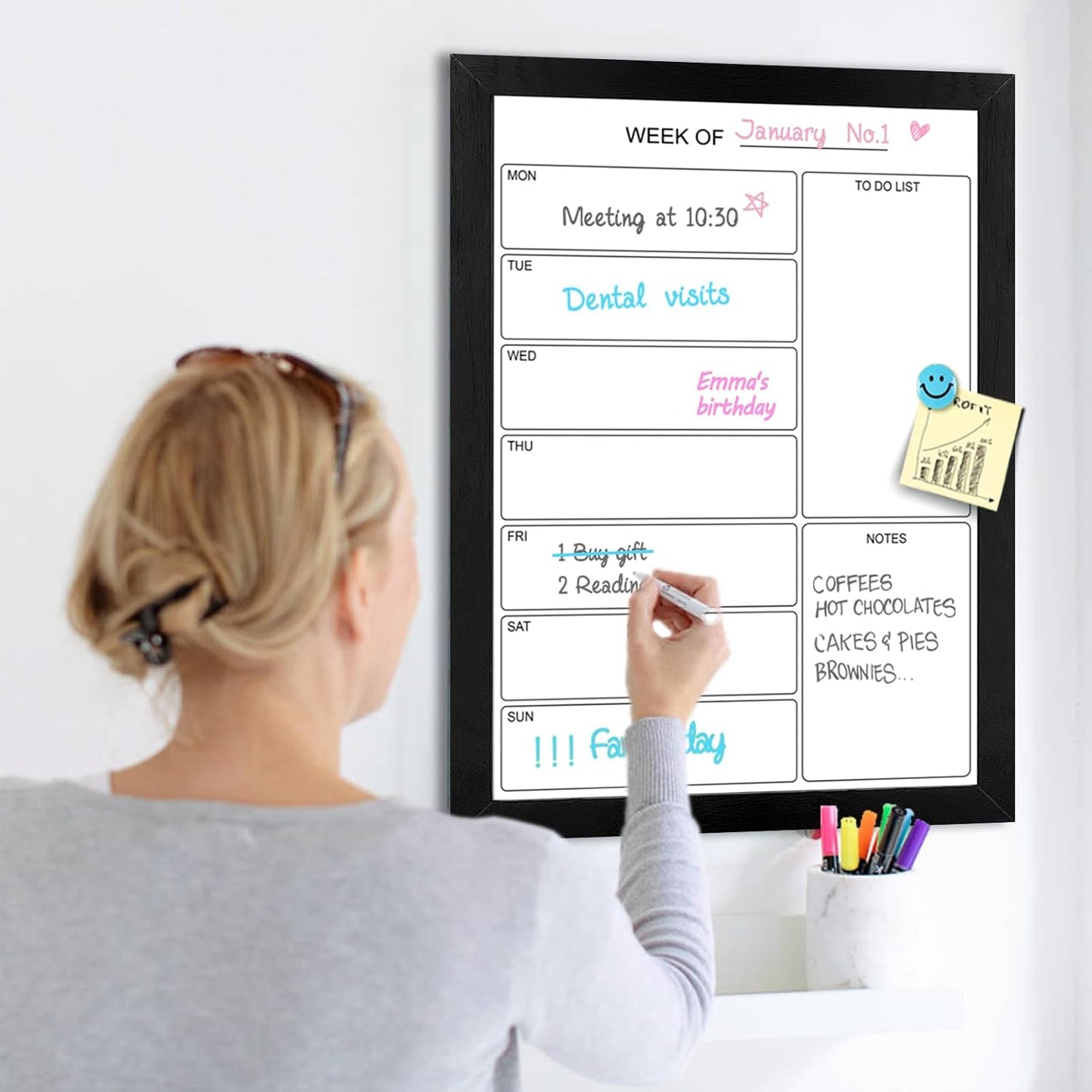 Weekly Dry Erase Whiteboard Calendar, 15.7"x11.8" Magnetic Surface Memo Board, Minimal Design Weekly Planner for Wall, Black Wood Frame Dry Erase Board for Office School Home(ZLBB-S-BK-3040)
