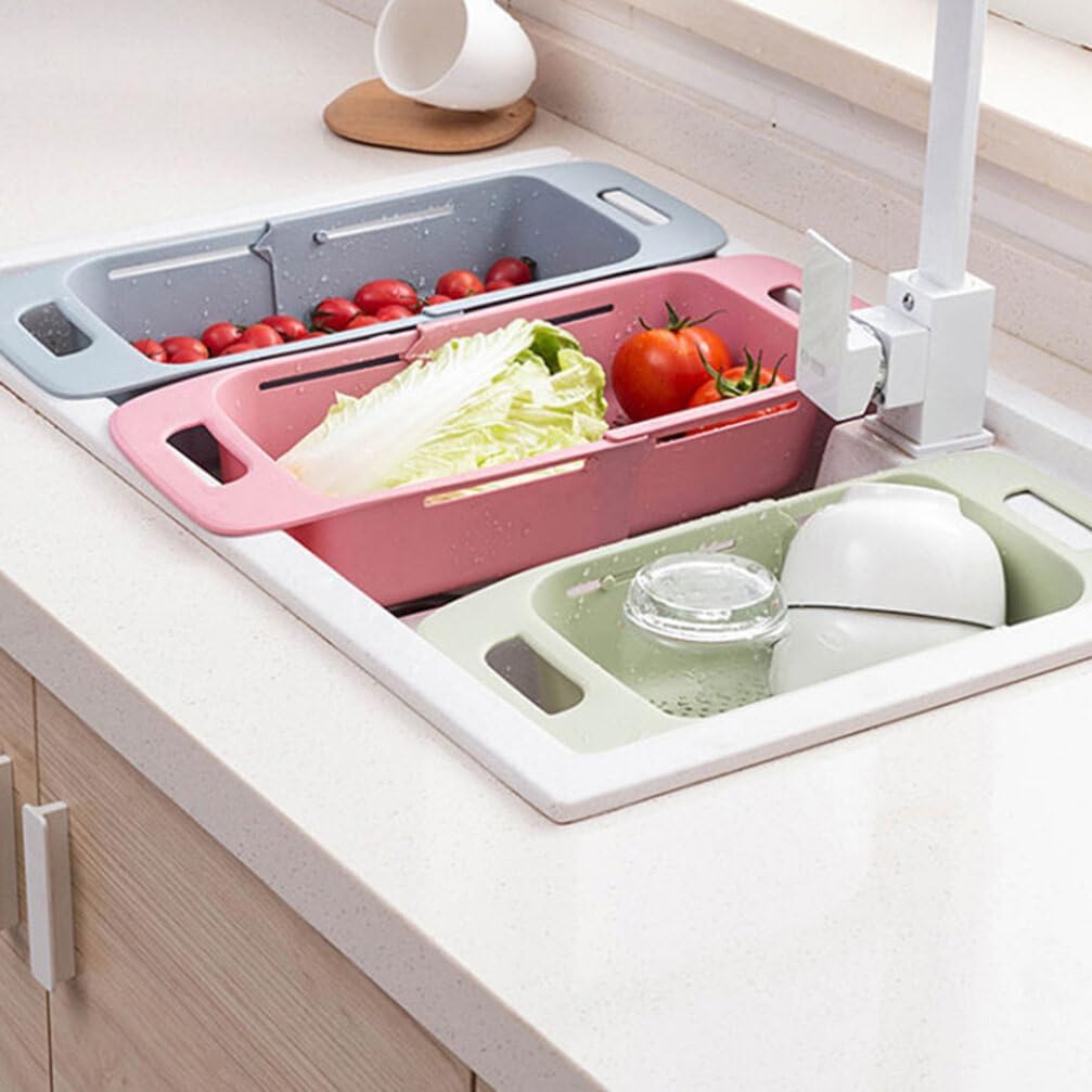 Cabilock Extendable Over The Sink Colander Fruits and Vegetables Drain Basket Expandable Dish Drying Rack Adjustable Trainer Sink Washing Basket for Kitchen