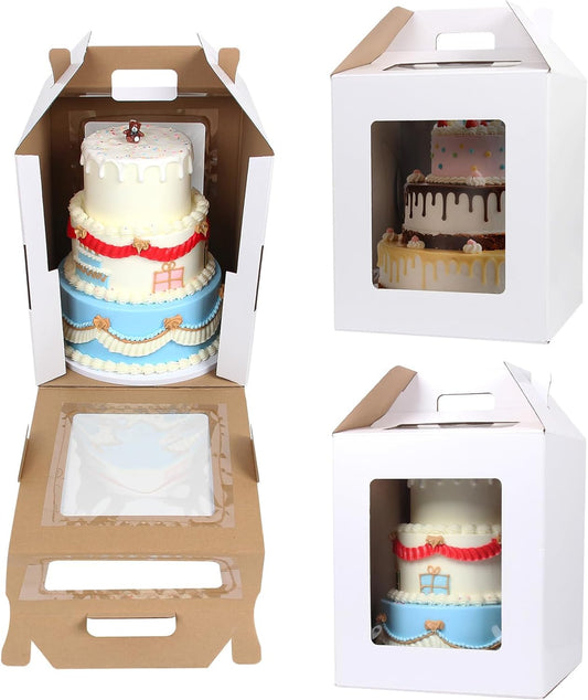 3 Pack 12-In Cake Boxes, Large 12-In Box with Lid & Handle Cake Carrier — Tall Transport Container for Tier Stacking, Reinforced Disposable Bakery Boxes