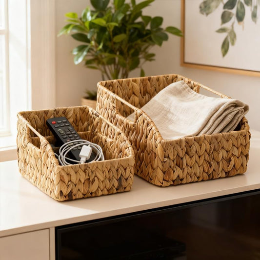 Set of 2 Wicker Basket with Built-in Handles Hand-Woven Natural Water Hyacinth Pantry Baskets for Organizing Storage Baskets for Office Bathroom Kitchen Living Room Dining Room