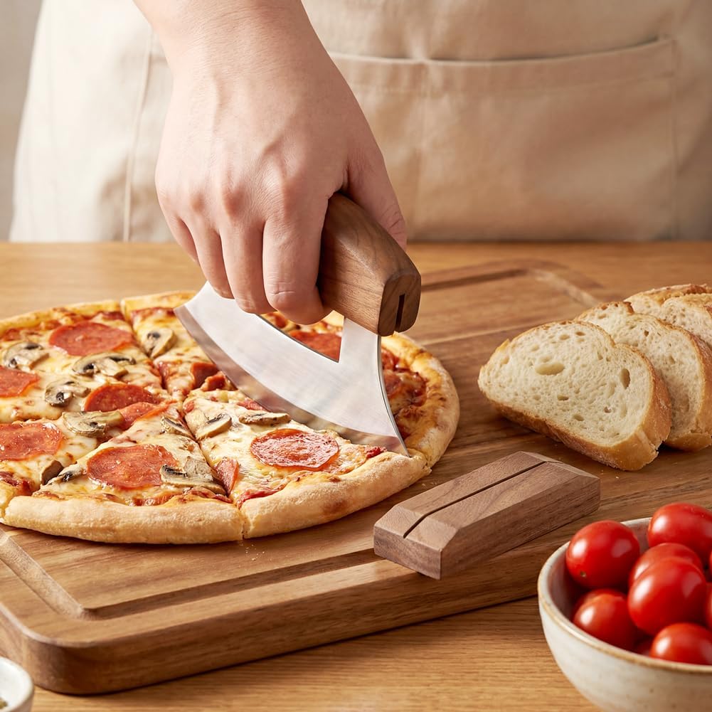 Alaskan Mezzaluna Ulu Knife, Sharp Rocker Mezzaluna Knife with Stand for Cutter Pizza, Meat, Vegetables, Herb, Salad, Chopper with Holder Base(COLOR:Walnut wood)
