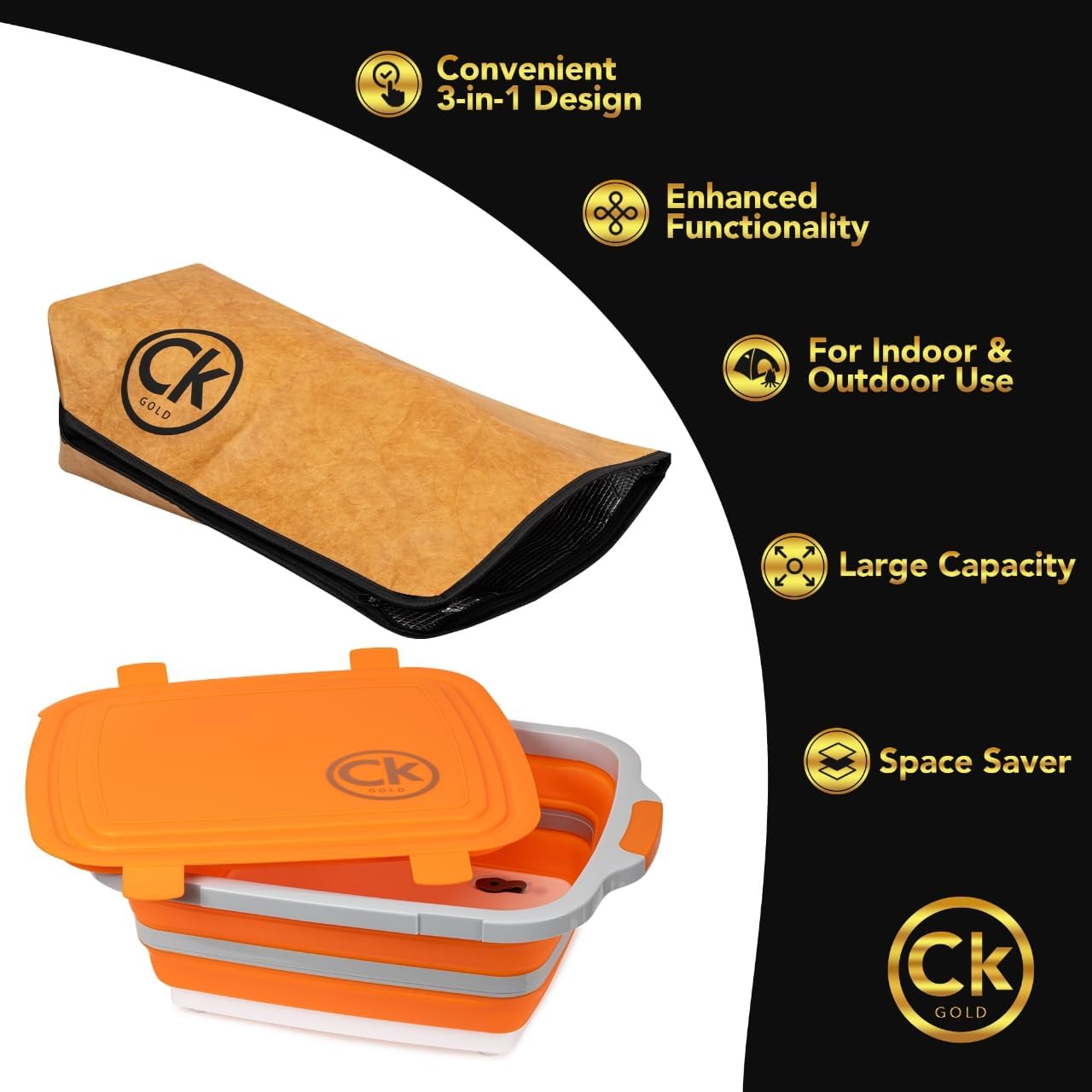 New Extra LARGE Collapsible BBQ Prep Tub with LOCKING LID & Meat Resting Bag - BPA Free Cutting Board with Lid, Leak Free, Strong Drain Hole for Meal Prep, Marinating, Grilling & Food Storage (Orange)