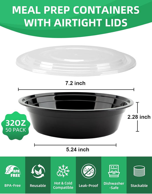 UMT Plastar 32 oz Meal Prep Bowls with Lids, 50 Pack BPA-Free Containers