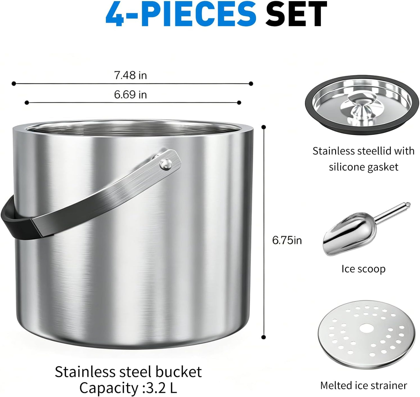3.2L Double Wall Stainless Steel Ice Bucket with Lid,Scoop, Updated Insulated Ice Bucket for Cocktail Bar and Parties
