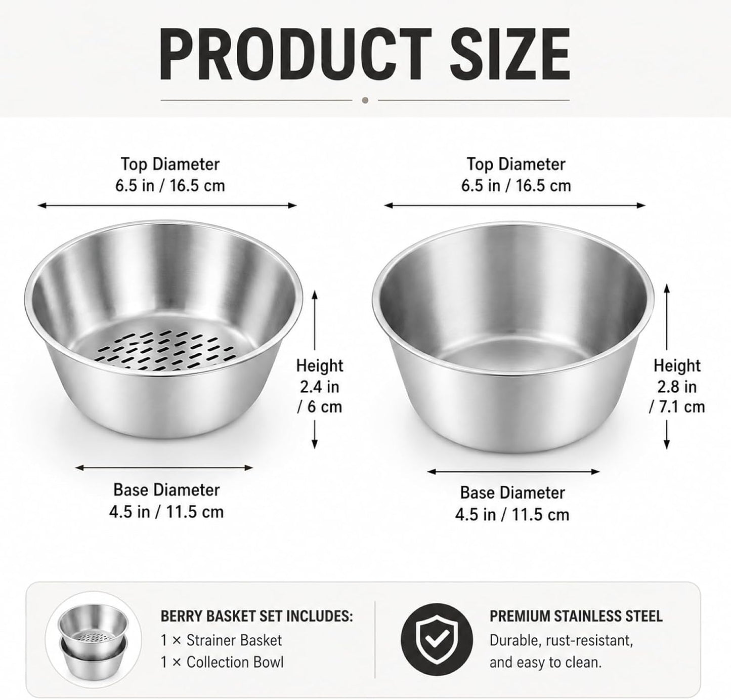 2 Set Berry Baskets,316 Stainless Steel Strainer Set,Fruit Washing Bowl with Strainer,Small Metal Colander for Berries, Strawberry, Grape, Cherry, Dishwasher Safe