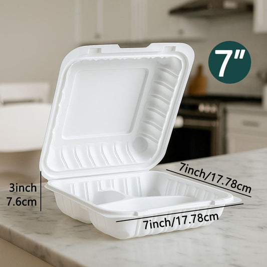 3-Compartment Clamshell Food Containers, Heavy Duty Plastic To Go Boxes with Hinged Lid, Microwave, Freezer & Dishwasher Safe, BPA-Free Takeout Trays for Meal Prep (White) (30, WHITE, 9 * 9inch)