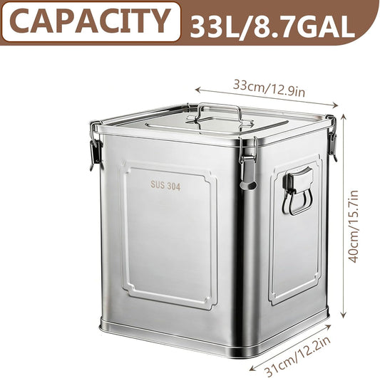 304 Stainless Steel Airtight Storage Container with Locking Clamps, Leak-Proof Square Canister for Dry & Wet Food, Heavy-Duty Storage Bin with Handles for Kitchen and Commercial Use(8.7GAL)