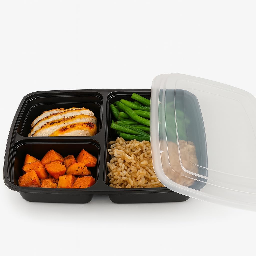 3-Compartment Food Containers with Clear Lids - Rectangular, 1.5“ depth, Black Microwavable Disposable Freezer - Safe BPA-Free Plastic Meal Storage, Combo Pack of 50 Sets - 33oz