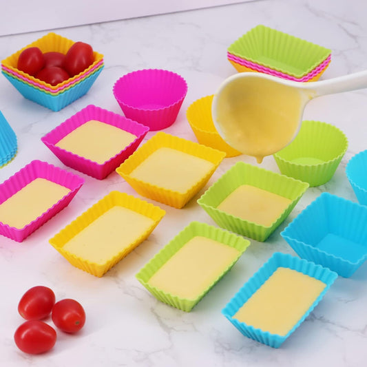 24Pack Silicone Muffin Cups, Reusable Cupcake Liners Molds for Baking, 3 Shapes Lunch Box Bento Dividers-Round, Square, and Rectangular (Orange Series, Regular Size)