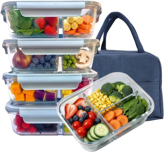 5Pack (32oz-3 Compartments with Lunch Bag) Glass Food Storage Containers with Lids for Kitchen Meal Prep, Fridge Organization, Lunch Box