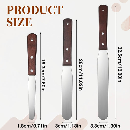 JJUNW 3 Pcs Straight Cake Icing Spatula Set, Stainless Steel Spatula Cake Cream Palette Knife, Frosting Spatulas With Wooden Handle For Cakes Fondant Chocolate Baking Pastry Tool