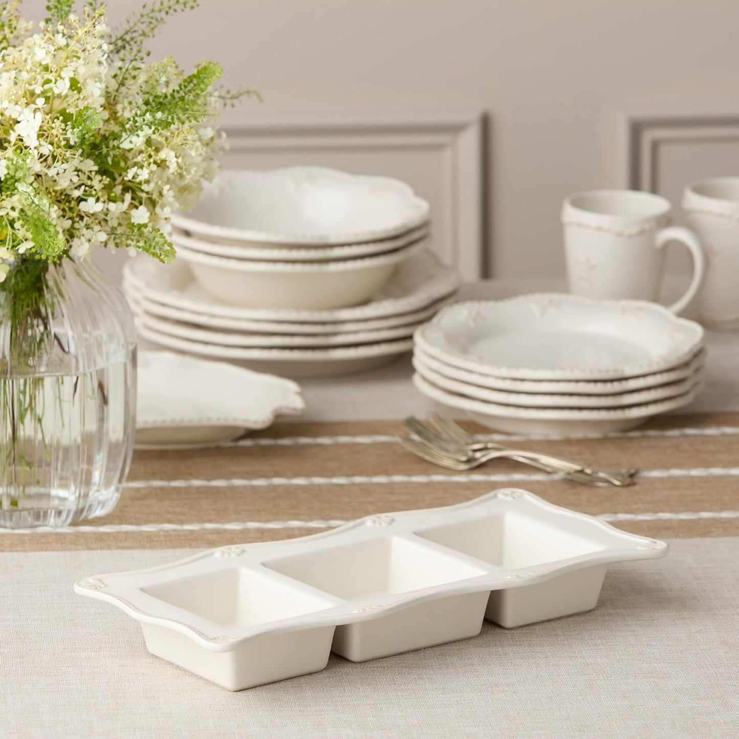Heritage Ivory 3-Section Stoneware Relish Tray – Elegant 15” x 7” Divided Server for Condiments, Dips & Appetizers – Vintage-Inspired Entertaining Piece with Sculpted Detail