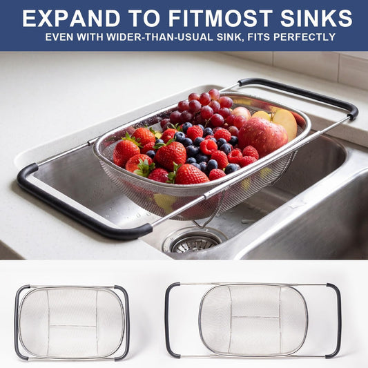 Stainless Steel Over the Sink Colander with Sink Drain Protector, Fine Mesh Strainer Basket with Expandable Rubber Grip Handles for Kitchen Food, Shower Drain Catcher with Silicone Rim