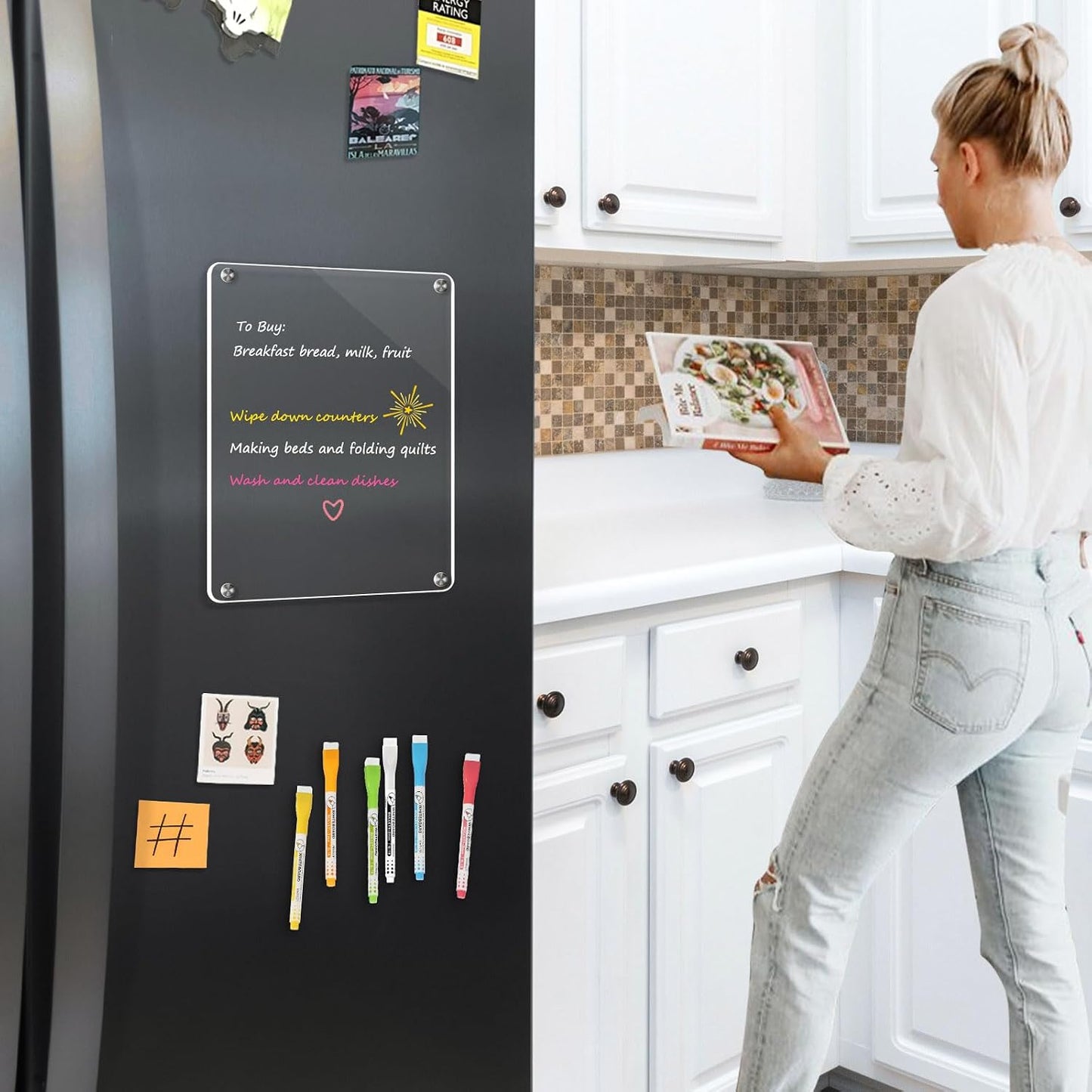 WALGLASS Acrylic Calendar for Fridge, 8.5"x11" Gold Weekly Clear Acrylic Magnetic Dry Erase Board for Refrigerator, Set of 2 Stronger-Magnetic Reusable Fridge Planner, Includes 8 Liquid Chalk Markers