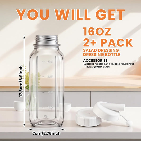 2 Pcs 16 oz Salad Dressing Shaker Glass Dispenser with Silicone Pour Spout and Tamper-proof Lid Refillable Salad Dressing Dispenser Mixer Shaker for Sauces Sour Cream Syrup(Orange Lid)