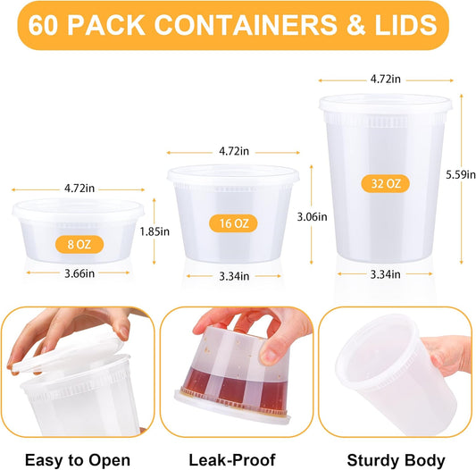 BYSNOW 60 Sets Deli Containers with Lids, 32/16/8 oz X 20 Set Each, Leak-Proof & BPA Free Airtight Stackable Takeout Plastic Food Storage Containers, Freezer/Microwave/Dishwasher Safe