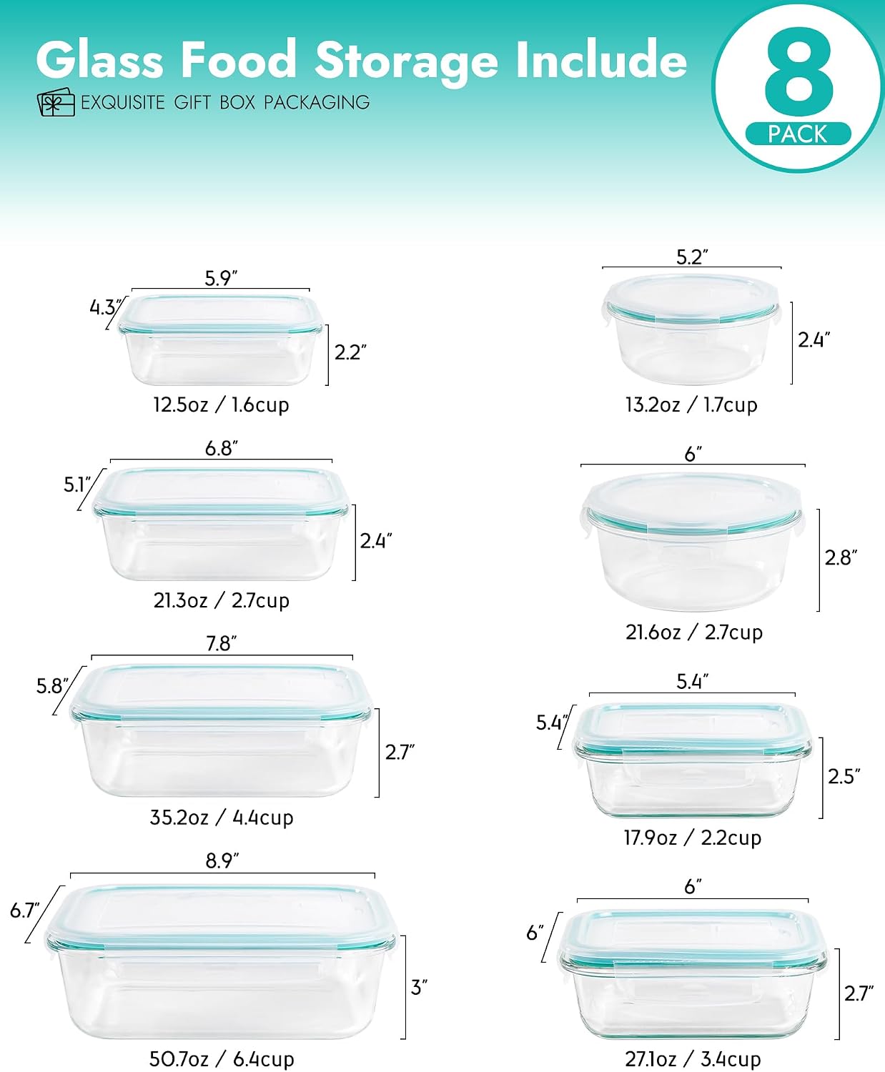 8-Pack Borosilicate Glass Food Storage Containers Set with Airtight Lids - Oven, Microwave & Freezer Safe, Leak-Proof, BPA-Free - Baking, Meal Prep & Gift Ready