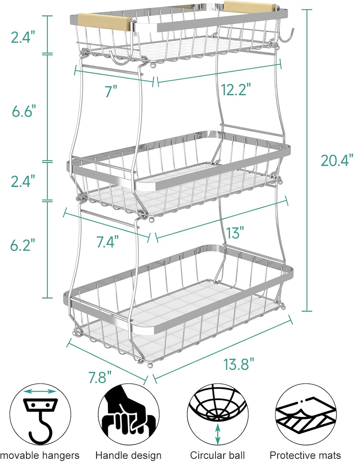 Sevenblue 2 Tier Large Fruit Basket for Kitchen Counter with 2 Mobile Banana Hangers, 2026 Pro Detachable Metal Fruit Bowl with Wooden Handle, Fruit Holder for Bread Snack Veggies with Protective Mats