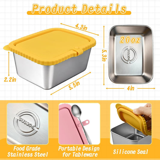 4-Pack Stainless Steel Snack Containers with Silicone Lids | 20oz Leakproof Food Storage Container, Reusable Metal Bento Lunch Box, Meal Prep for Travel, Picnics, Office