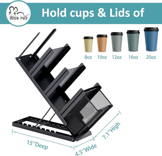 Coffee Cup Holder Organizer 4 Compartment Disposable Cup Dispenser, Cup and Lid Holder with Mesh Basket for Countertop Coffee Station Bar, Black