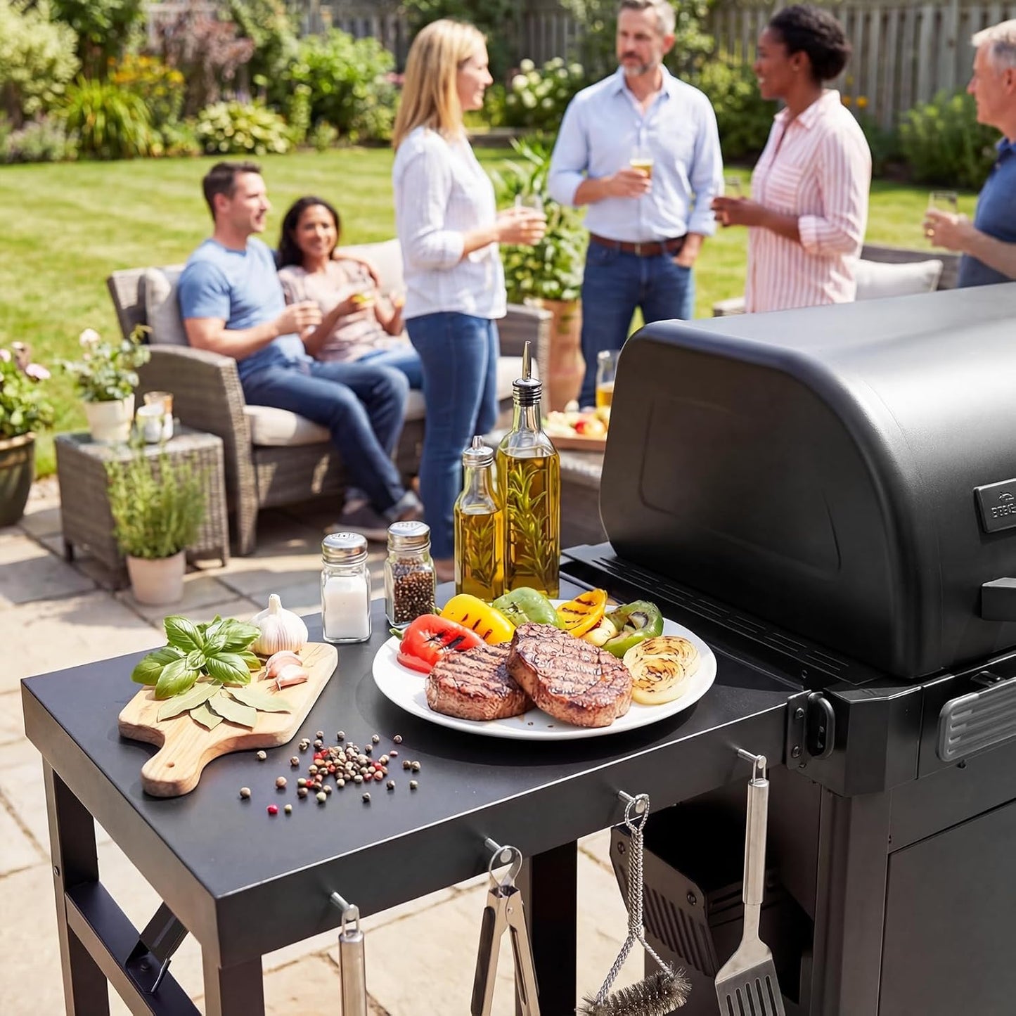 Utheer Folding Side Shelf for Traeger Woodridge Pro/Plus/Elite & Ironwood/Ironwood XL, 24.5" × 20.3" Large BBQ Side Table with 4 Hooks, Foldable Grill Prep Station