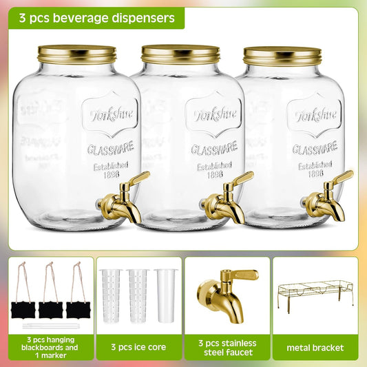 Lallisa 3 Pcs 2.5 Gallon Beverage Dispensers for Parties Glass Drink Water Dispenser with Stand Stainless Steel Leakproof Spigot Ice Cylinder Hanging Chalkboard Signs Pen(Silver)