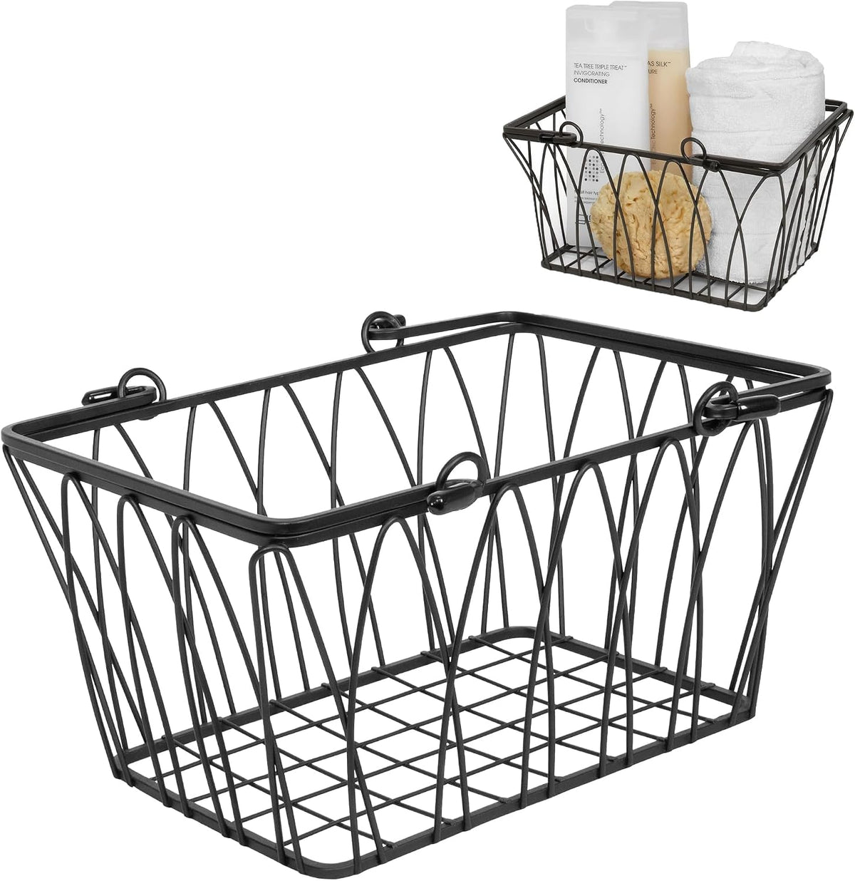 Spectrum Small Wire Basket with Handles Black Farmhouse Basket Organizer for Kitchen Bathroom Laundry Pantry Shelf Organization, Sturdy Twist Wire Metal Basket with Handle for Gifts or Storage