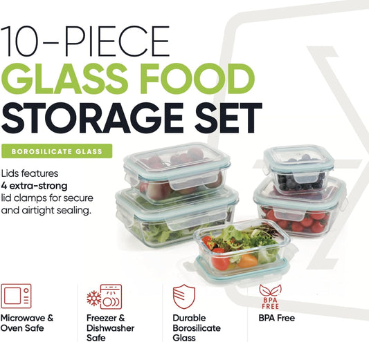 DURA LIVING Airtight Glass Food Storage Containers with Lids - 10 Piece Set, Borosilicate Glass Meal Prep Containers, Leak Proof, Oven Microwave Freezer Dishwasher Safe, BPA-Free